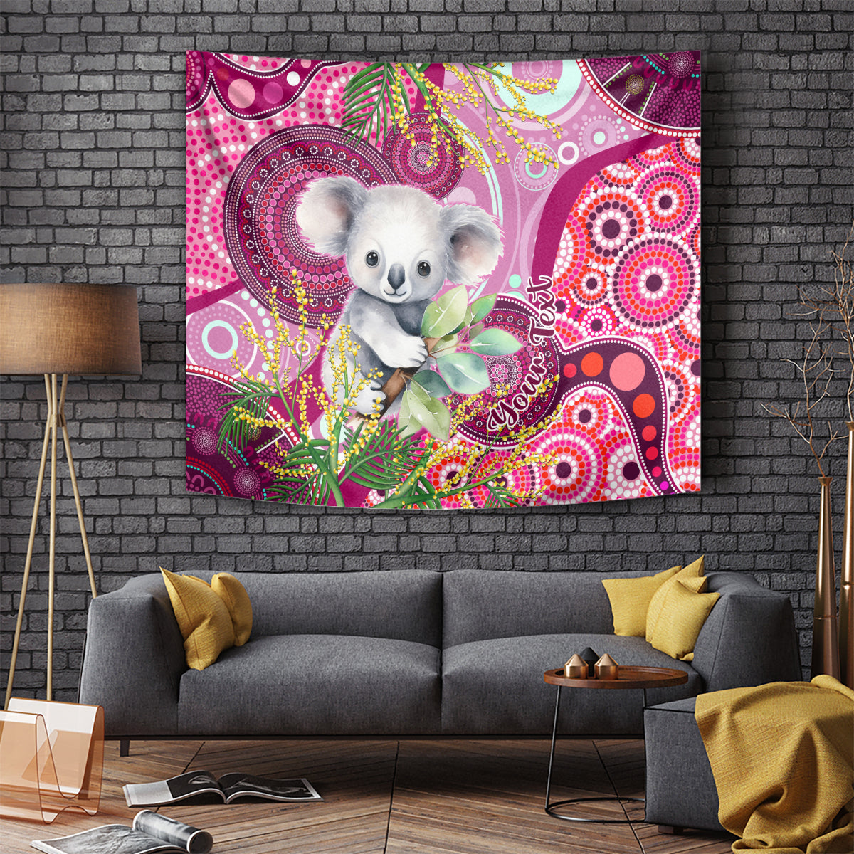 personalised-australia-tapestry-cute-koala-with-golden-wattle-indigenous-art