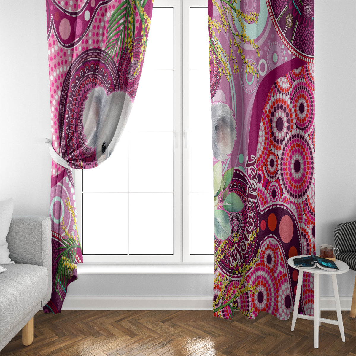 personalised-australia-window-curtain-cute-koala-with-golden-wattle-indigenous-art