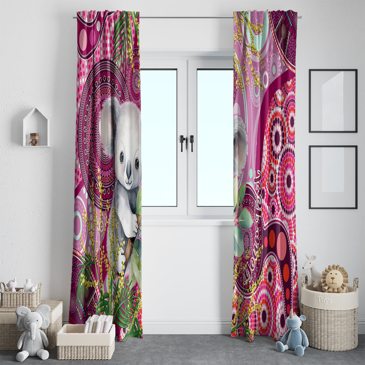 personalised-australia-window-curtain-cute-koala-with-golden-wattle-indigenous-art