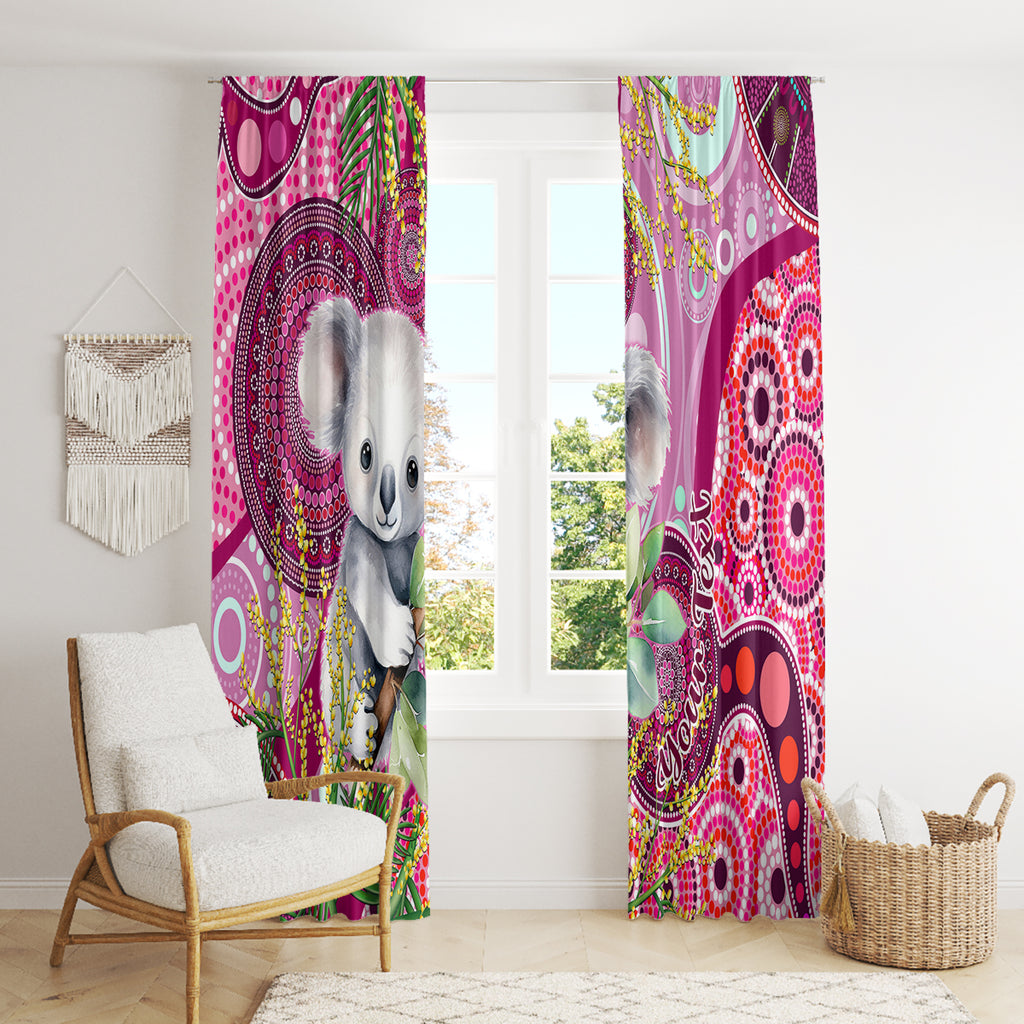 personalised-australia-window-curtain-cute-koala-with-golden-wattle-indigenous-art