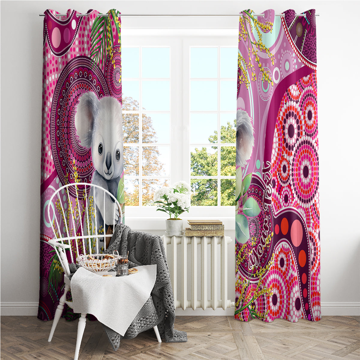 personalised-australia-window-curtain-cute-koala-with-golden-wattle-indigenous-art