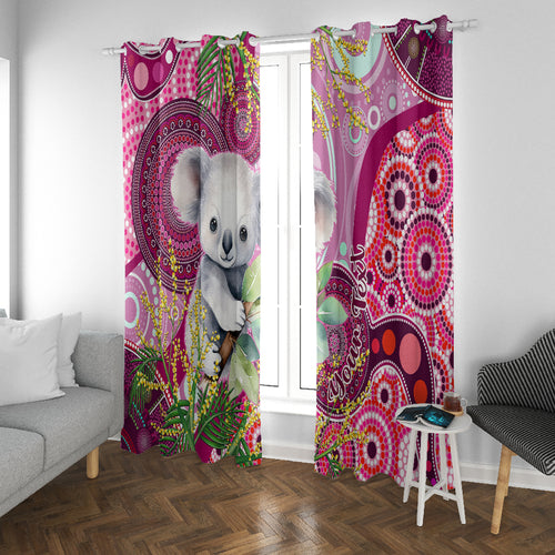 personalised-australia-window-curtain-cute-koala-with-golden-wattle-indigenous-art
