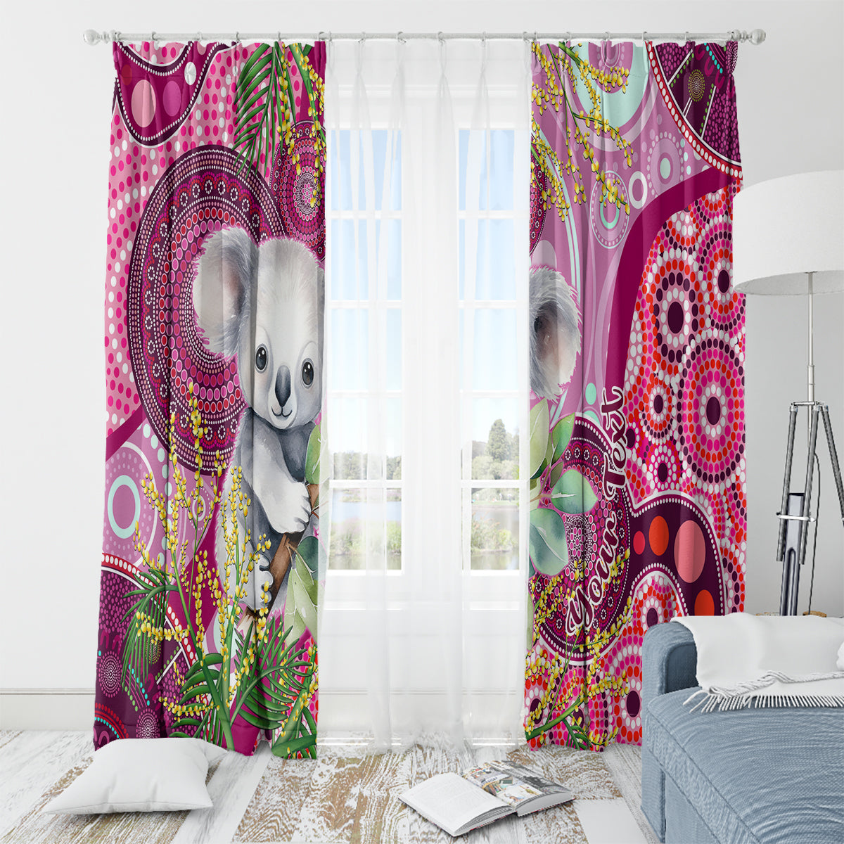 personalised-australia-window-curtain-cute-koala-with-golden-wattle-indigenous-art
