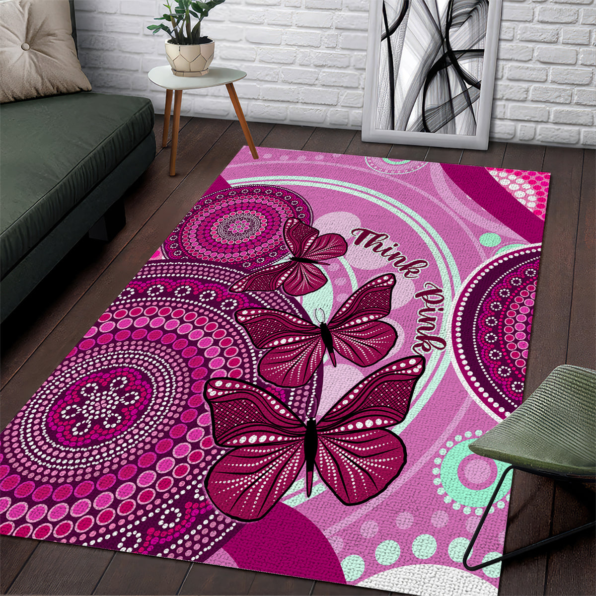 australia-breast-cancer-area-rug-indigenous-butterfly-no-one-fights-alone