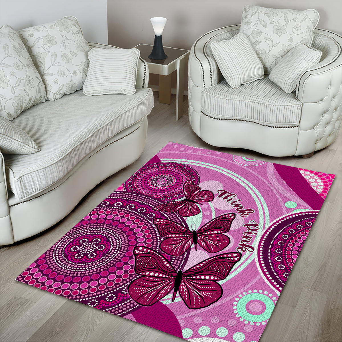 australia-breast-cancer-area-rug-indigenous-butterfly-no-one-fights-alone