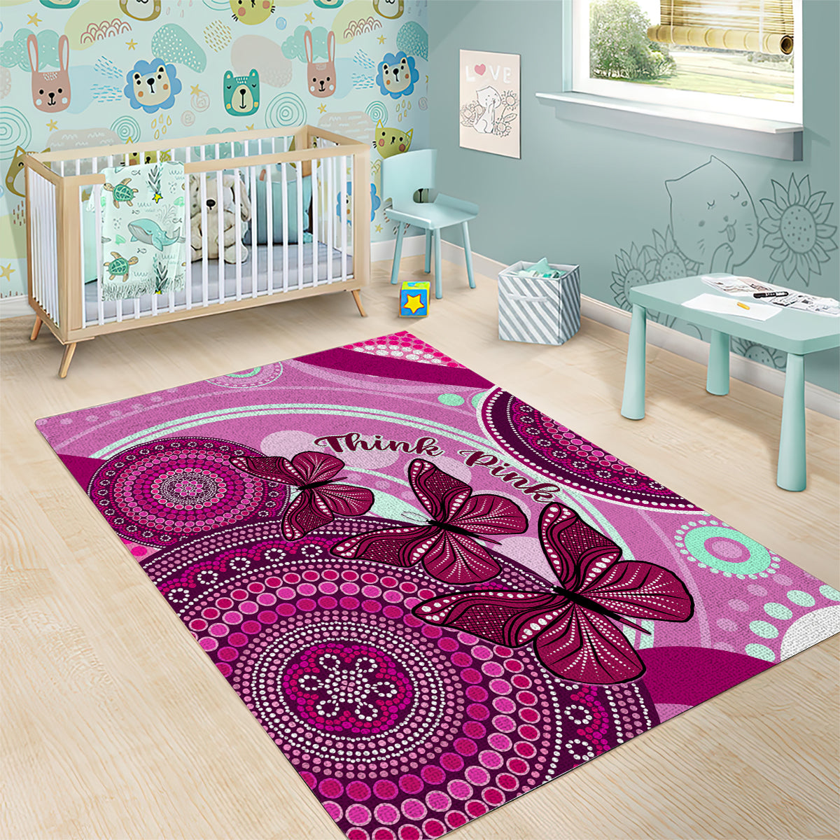 australia-breast-cancer-area-rug-indigenous-butterfly-no-one-fights-alone
