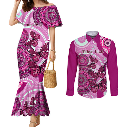australia-breast-cancer-couples-matching-mermaid-dress-and-long-sleeve-button-shirts-indigenous-butterfly-no-one-fights-alone