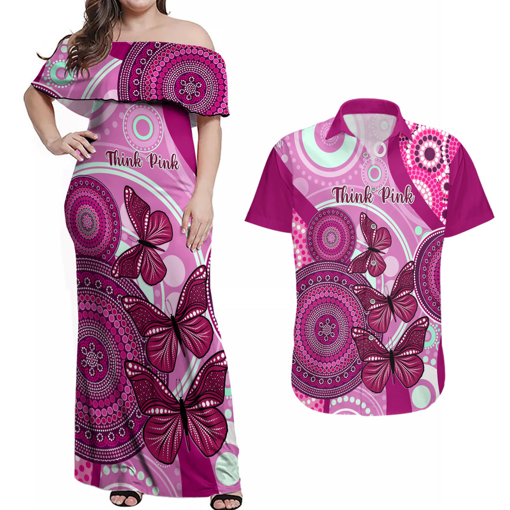 australia-breast-cancer-couples-matching-off-shoulder-maxi-dress-and-hawaiian-shirt-indigenous-butterfly-no-one-fights-alone