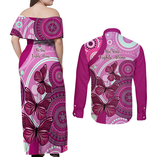 australia-breast-cancer-couples-matching-off-shoulder-maxi-dress-and-long-sleeve-button-shirts-indigenous-butterfly-no-one-fights-alone