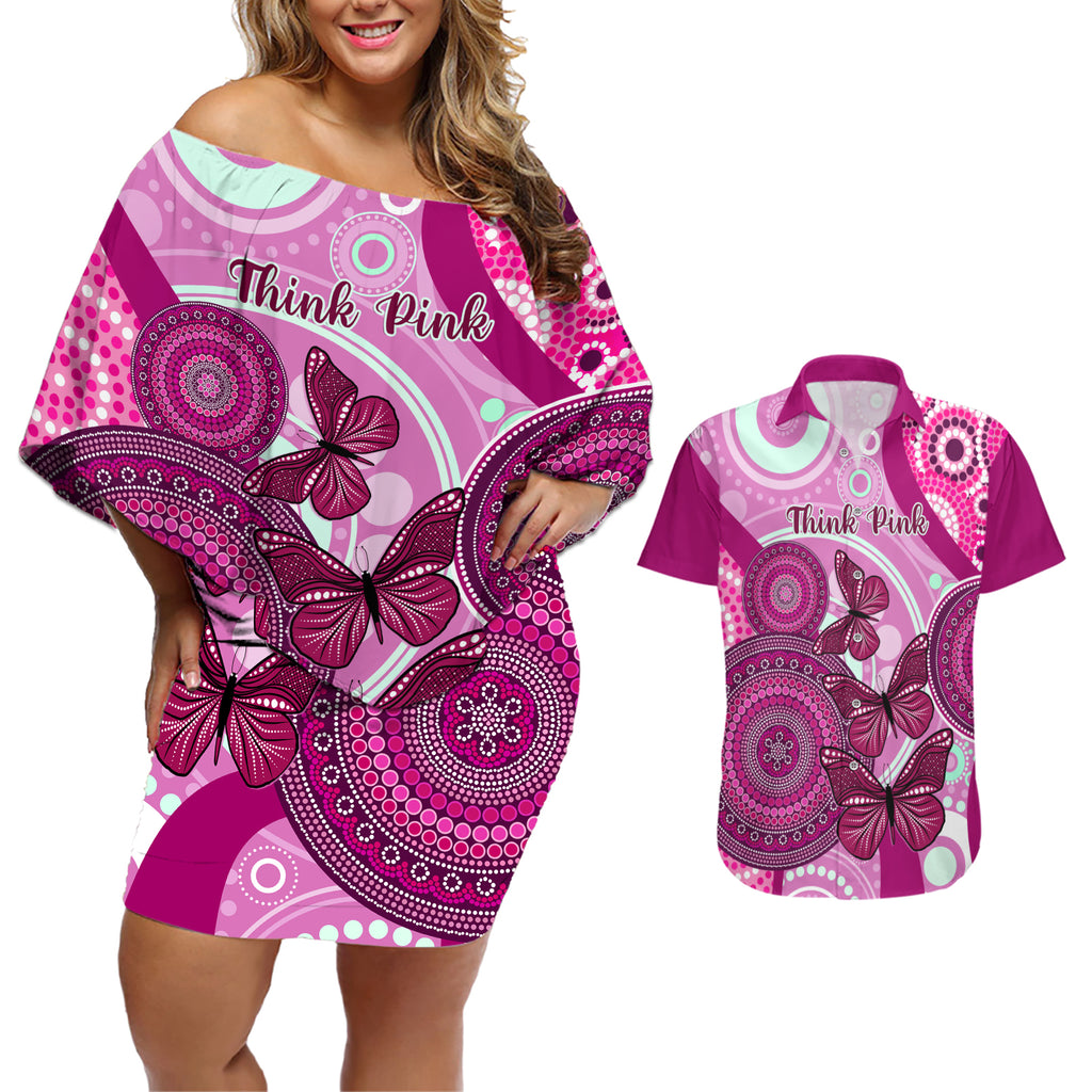 australia-breast-cancer-couples-matching-off-shoulder-short-dress-and-hawaiian-shirt-indigenous-butterfly-no-one-fights-alone