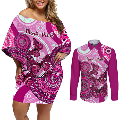 australia-breast-cancer-couples-matching-off-shoulder-short-dress-and-long-sleeve-button-shirts-indigenous-butterfly-no-one-fights-alone
