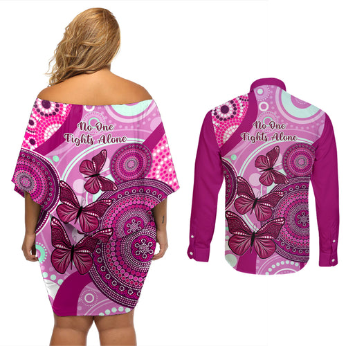 australia-breast-cancer-couples-matching-off-shoulder-short-dress-and-long-sleeve-button-shirts-indigenous-butterfly-no-one-fights-alone
