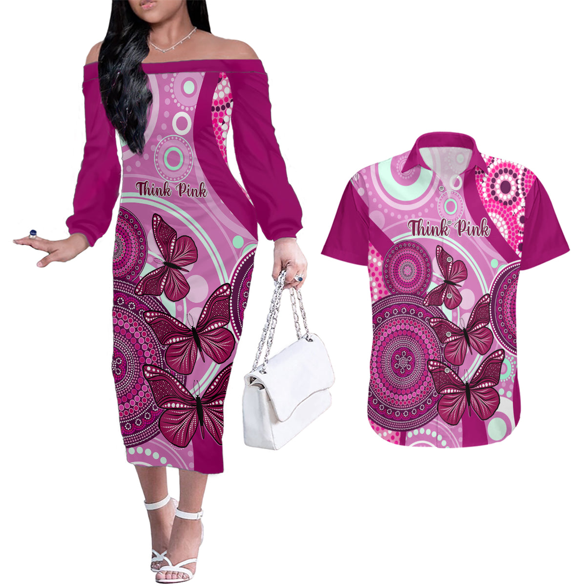 australia-breast-cancer-couples-matching-off-the-shoulder-long-sleeve-dress-and-hawaiian-shirt-indigenous-butterfly-no-one-fights-alone