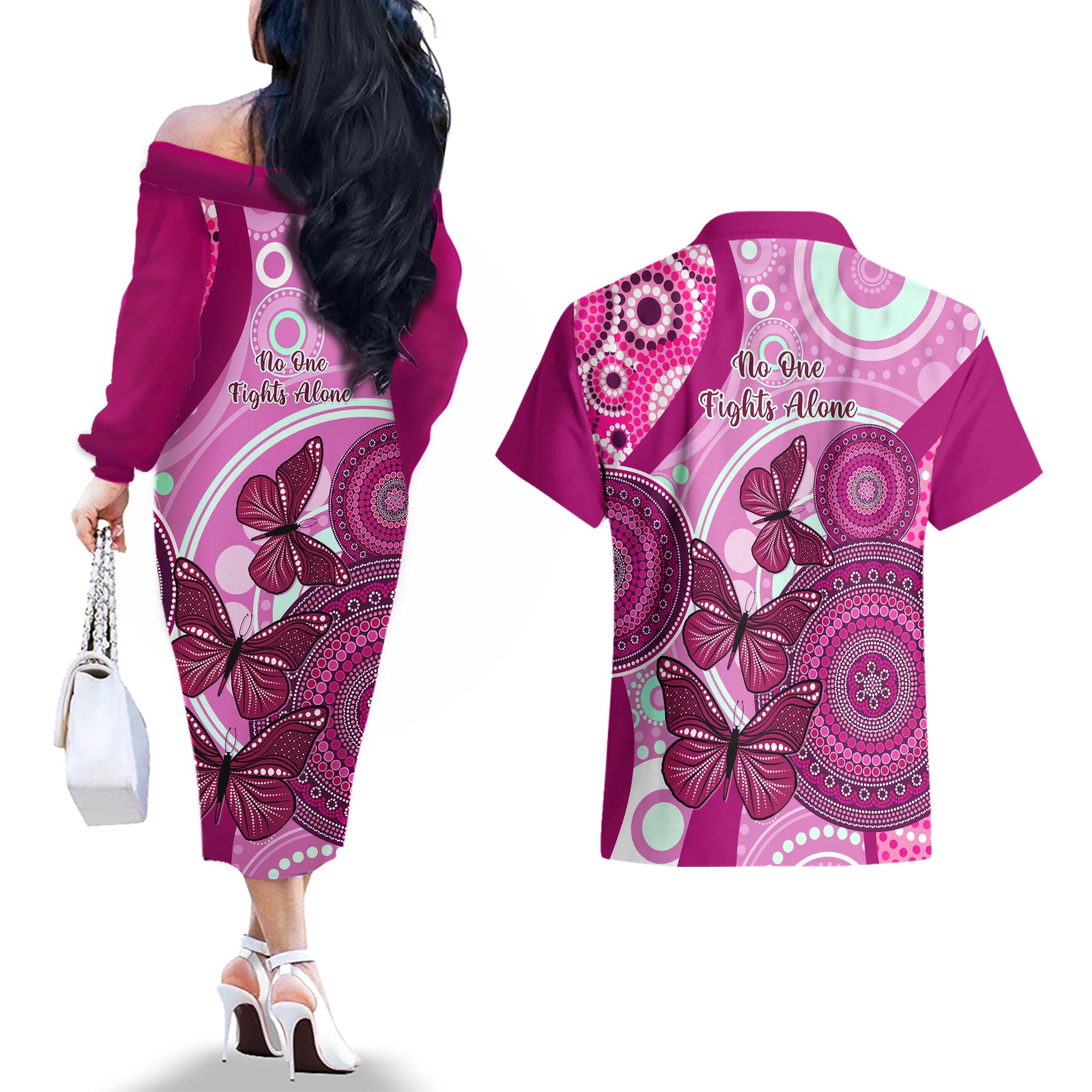 australia-breast-cancer-couples-matching-off-the-shoulder-long-sleeve-dress-and-hawaiian-shirt-indigenous-butterfly-no-one-fights-alone