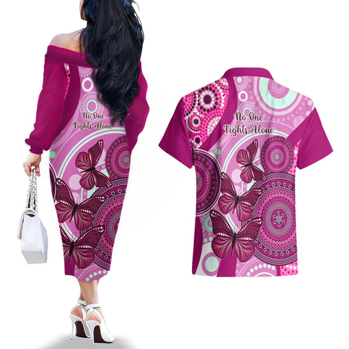 australia-breast-cancer-couples-matching-off-the-shoulder-long-sleeve-dress-and-hawaiian-shirt-indigenous-butterfly-no-one-fights-alone