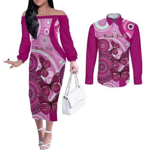 australia-breast-cancer-couples-matching-off-the-shoulder-long-sleeve-dress-and-long-sleeve-button-shirts-indigenous-butterfly-no-one-fights-alone