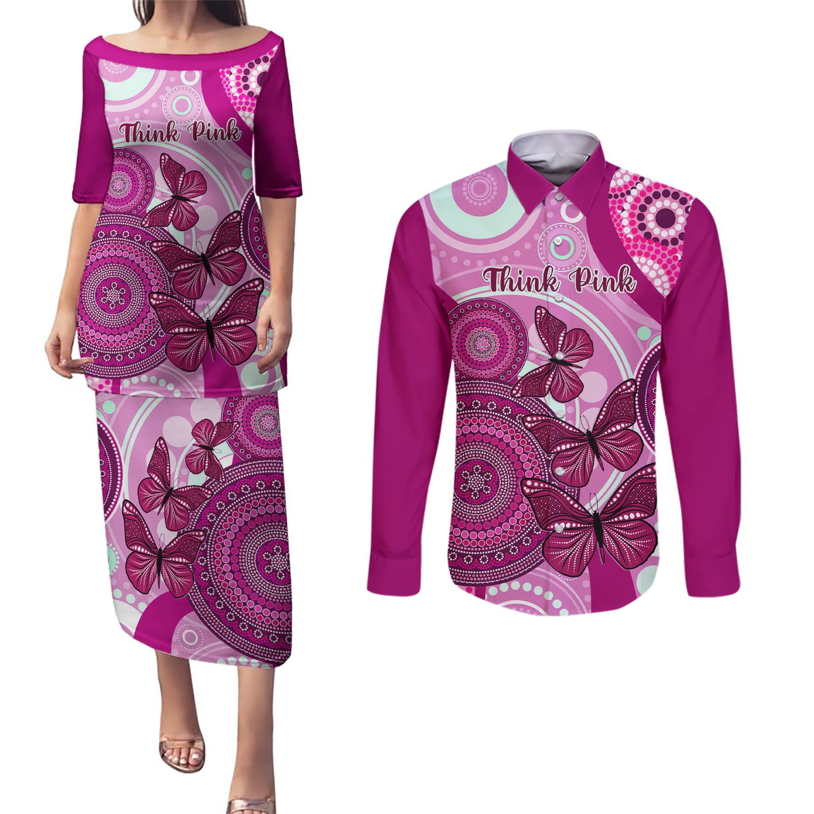 australia-breast-cancer-couples-matching-puletasi-dress-and-long-sleeve-button-shirts-indigenous-butterfly-no-one-fights-alone