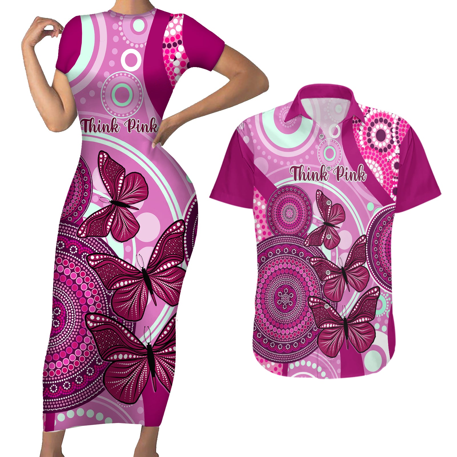 australia-breast-cancer-couples-matching-short-sleeve-bodycon-dress-and-hawaiian-shirt-indigenous-butterfly-no-one-fights-alone
