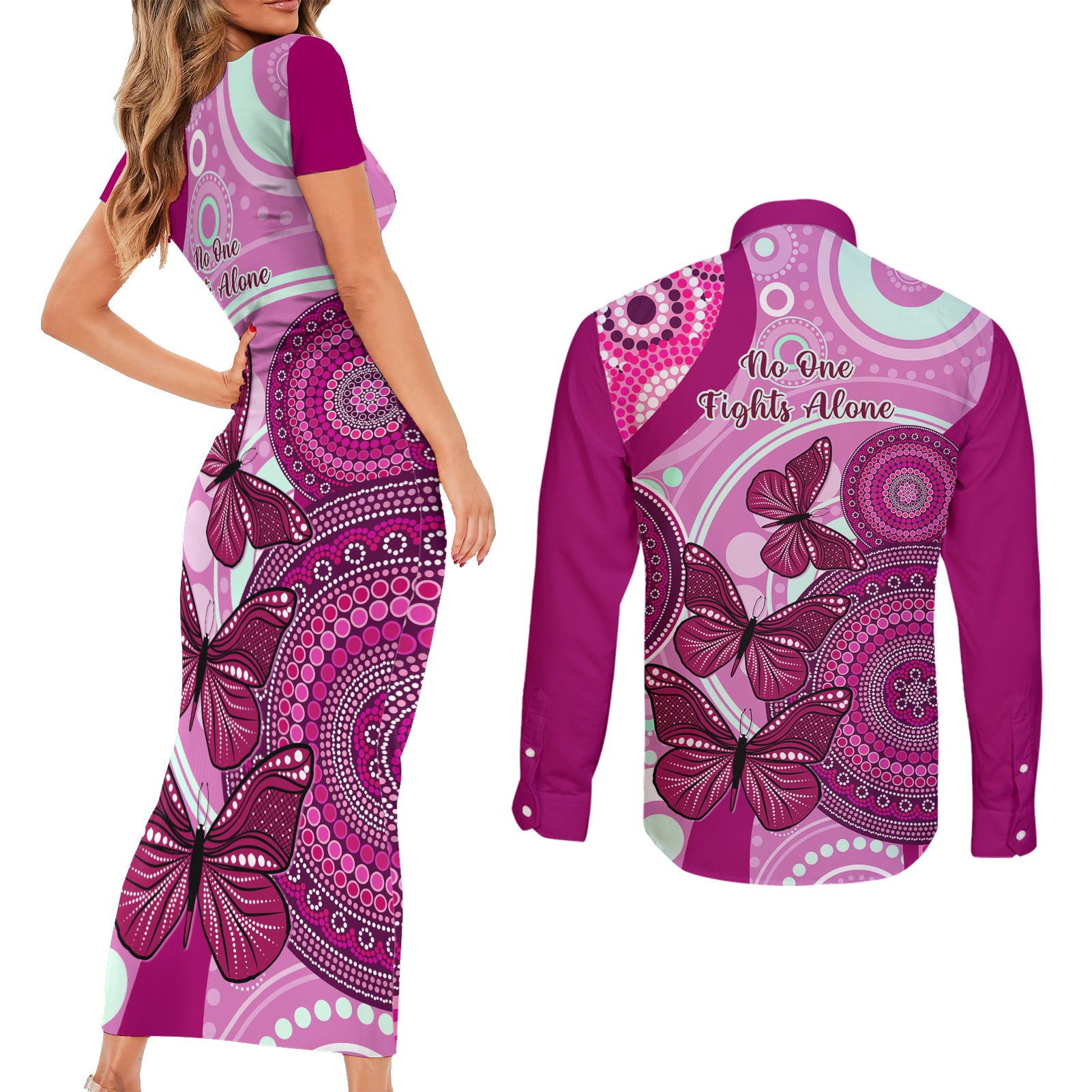australia-breast-cancer-couples-matching-short-sleeve-bodycon-dress-and-long-sleeve-button-shirts-indigenous-butterfly-no-one-fights-alone