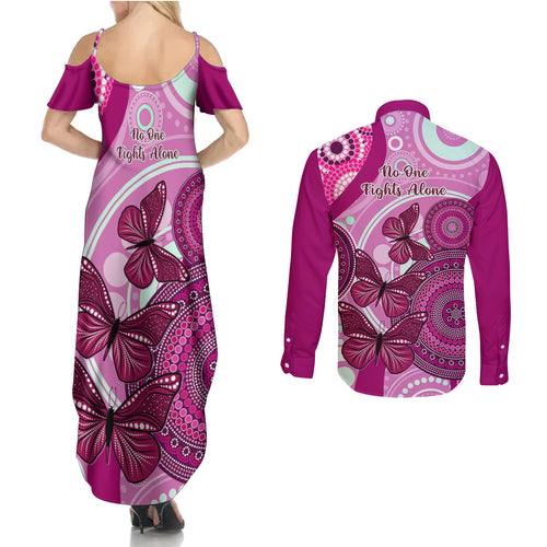 australia-breast-cancer-couples-matching-summer-maxi-dress-and-long-sleeve-button-shirts-indigenous-butterfly-no-one-fights-alone