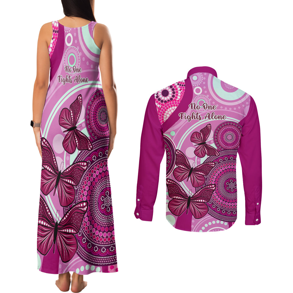 australia-breast-cancer-couples-matching-tank-maxi-dress-and-long-sleeve-button-shirts-indigenous-butterfly-no-one-fights-alone