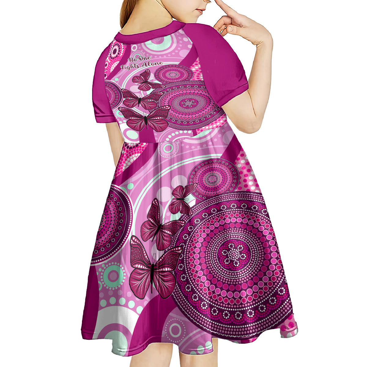 australia-breast-cancer-kid-short-sleeve-dress-indigenous-butterfly-no-one-fights-alone