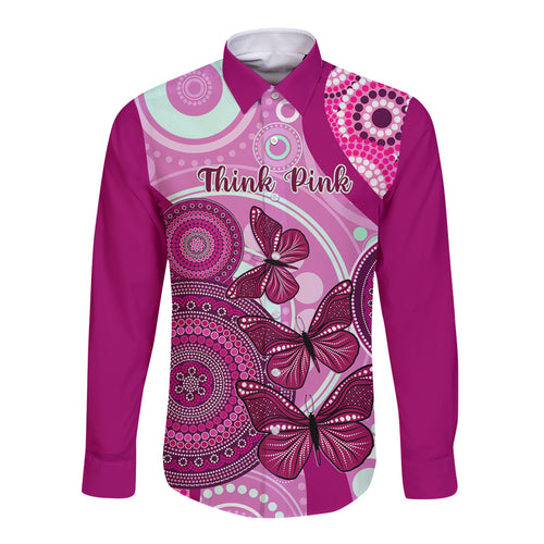 australia-breast-cancer-long-sleeve-button-shirt-indigenous-butterfly-no-one-fights-alone