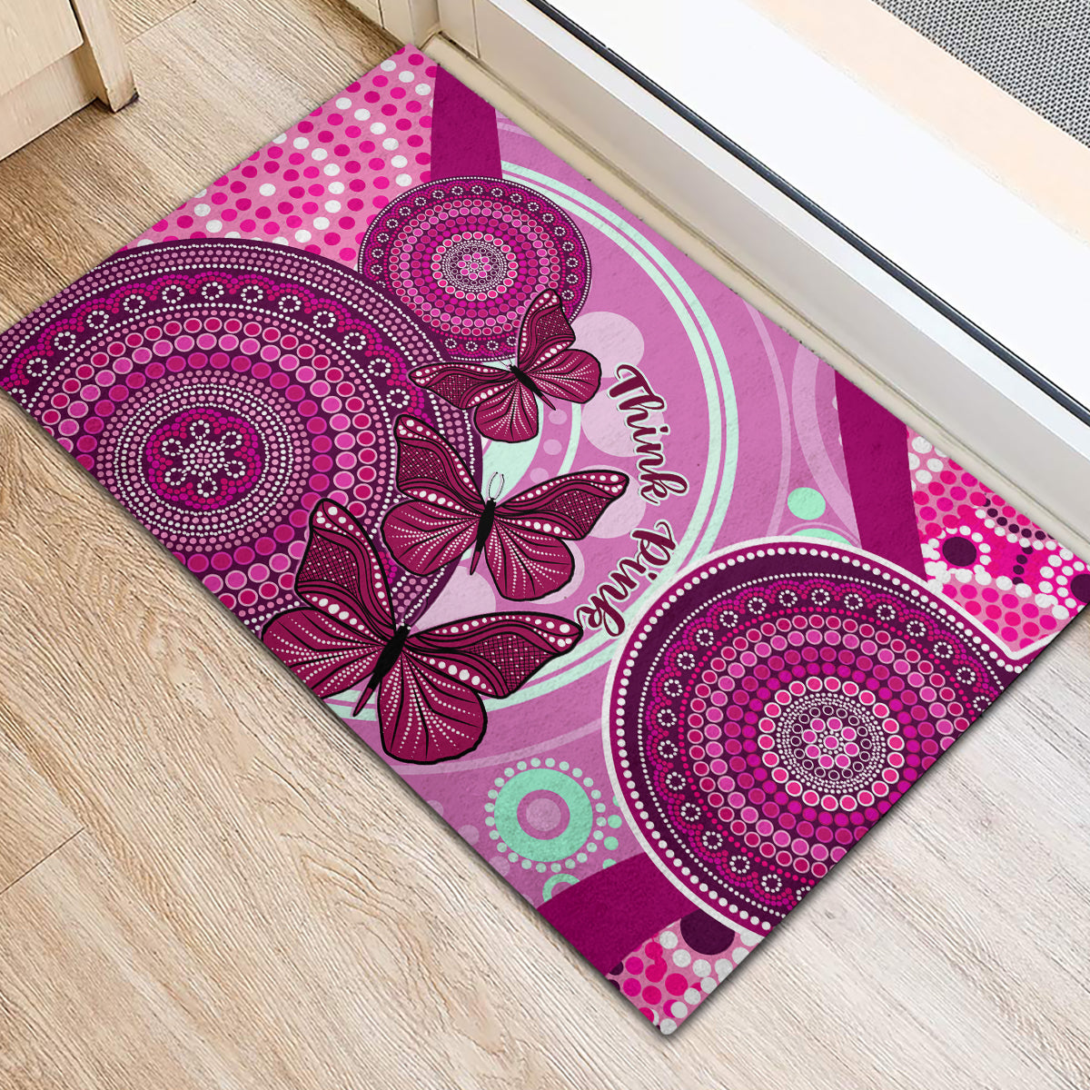 australia-breast-cancer-rubber-doormat-indigenous-butterfly-no-one-fights-alone