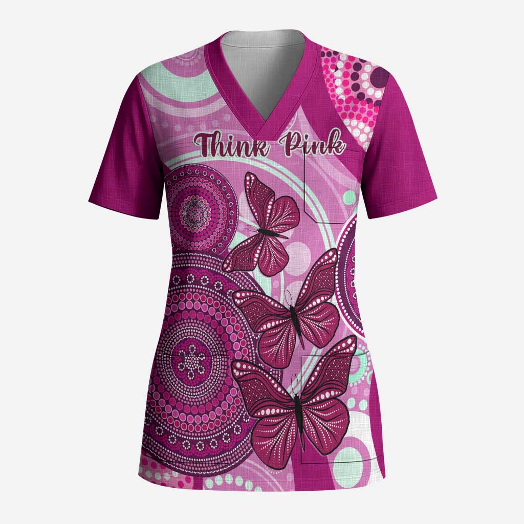 Australia Breast Cancer Scrub Top Indigenous Butterfly No One Fights Alone - Aussie Hoodie