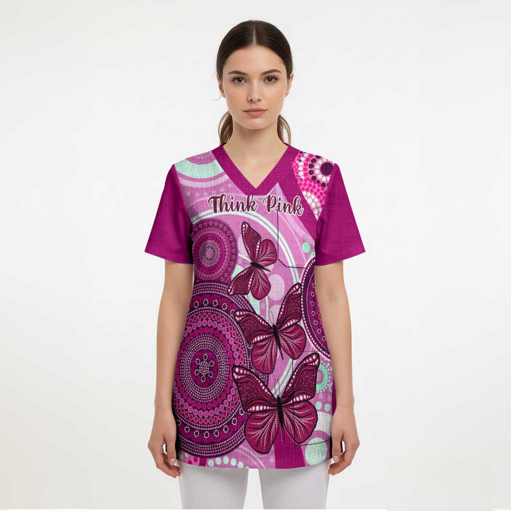 Australia Breast Cancer Scrub Top Indigenous Butterfly No One Fights Alone - Aussie Hoodie