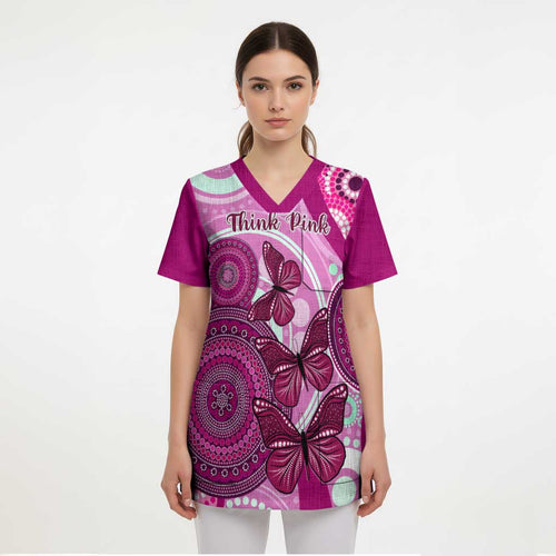 Australia Breast Cancer Scrub Top Indigenous Butterfly No One Fights Alone - Aussie Hoodie