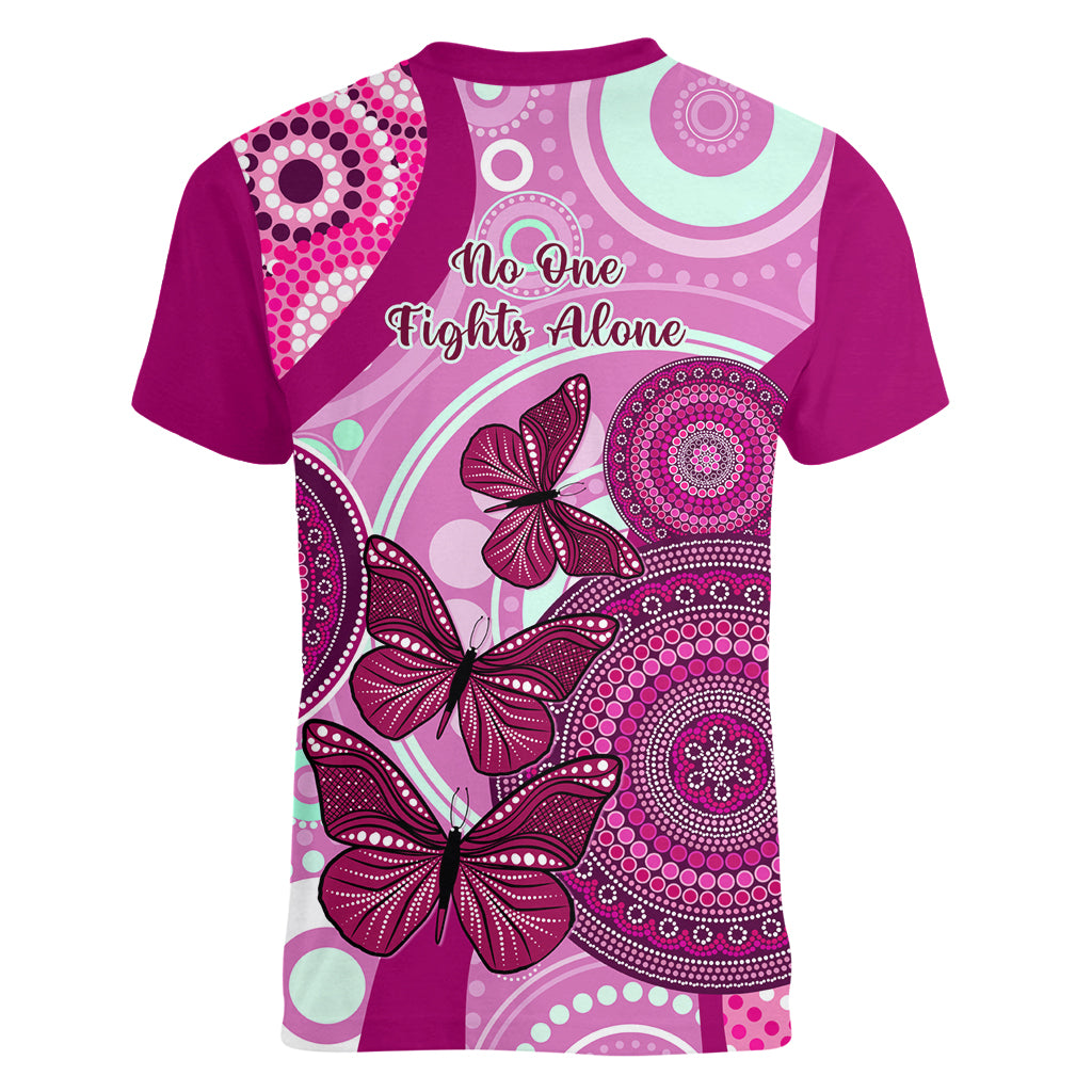 australia-breast-cancer-women-v-neck-t-shirt-indigenous-butterfly-no-one-fights-alone