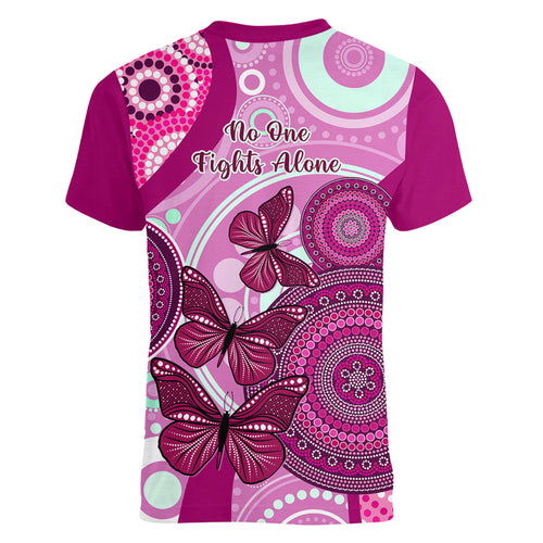 australia-breast-cancer-women-v-neck-t-shirt-indigenous-butterfly-no-one-fights-alone