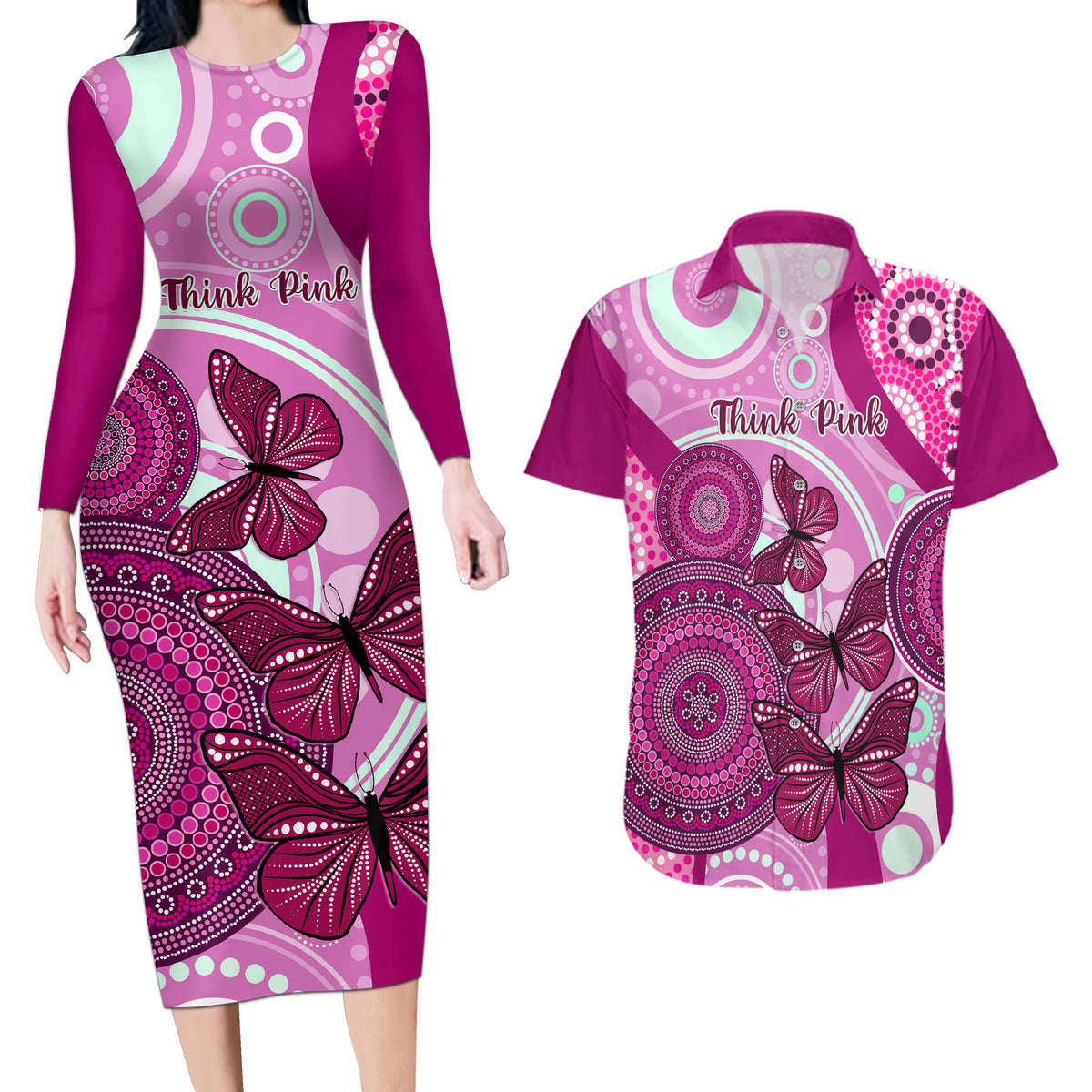 personalised-australia-breast-cancer-couples-matching-long-sleeve-bodycon-dress-and-hawaiian-shirt-indigenous-butterfly-no-one-fights-alone