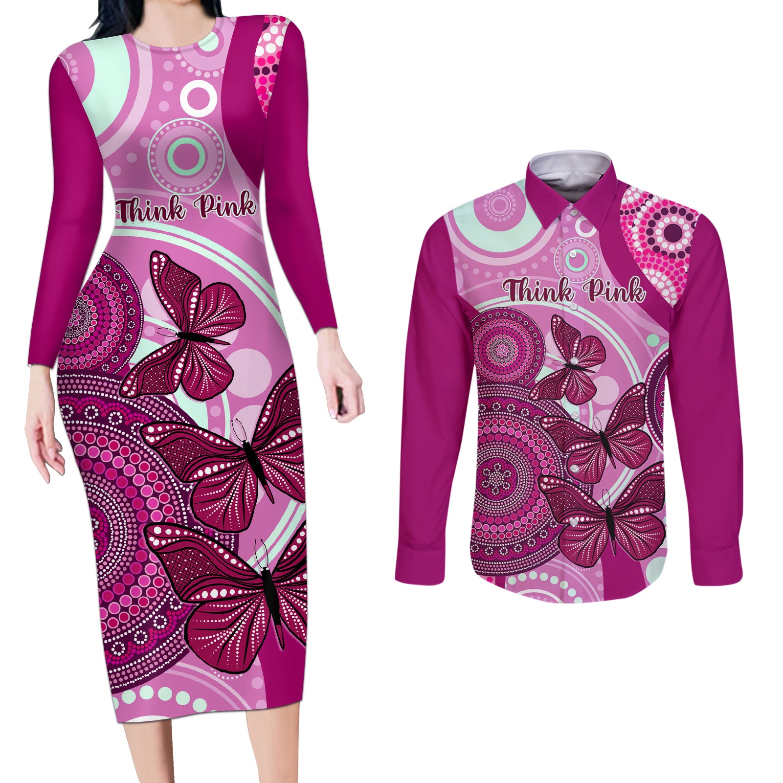 personalised-australia-breast-cancer-couples-matching-long-sleeve-bodycon-dress-and-long-sleeve-button-shirts-indigenous-butterfly-no-one-fights-alone
