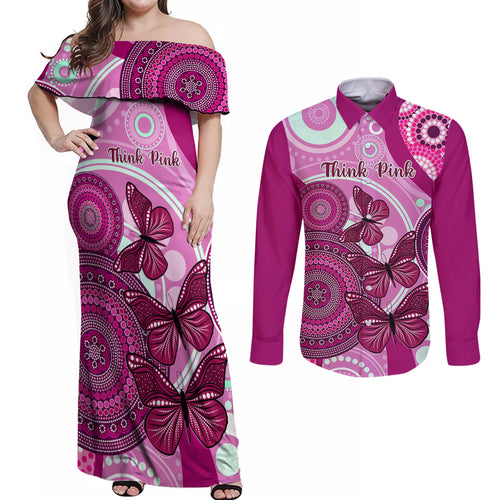 personalised-australia-breast-cancer-couples-matching-off-shoulder-maxi-dress-and-long-sleeve-button-shirts-indigenous-butterfly-no-one-fights-alone