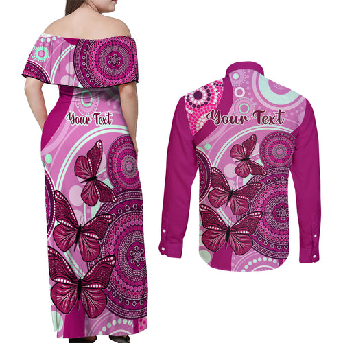 personalised-australia-breast-cancer-couples-matching-off-shoulder-maxi-dress-and-long-sleeve-button-shirts-indigenous-butterfly-no-one-fights-alone