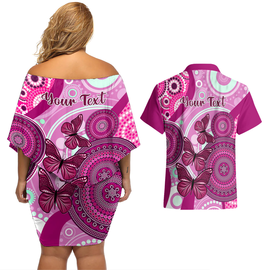 personalised-australia-breast-cancer-couples-matching-off-shoulder-short-dress-and-hawaiian-shirt-indigenous-butterfly-no-one-fights-alone