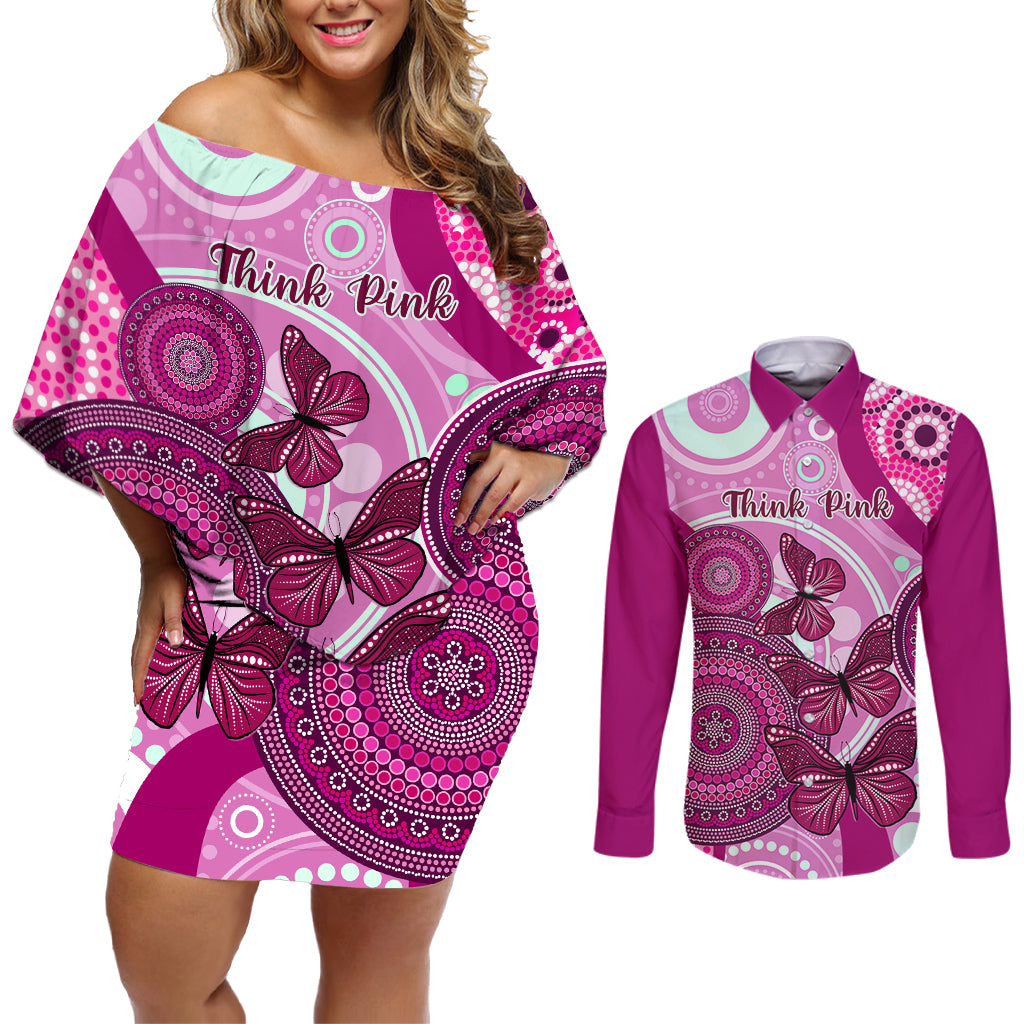 personalised-australia-breast-cancer-couples-matching-off-shoulder-short-dress-and-long-sleeve-button-shirts-indigenous-butterfly-no-one-fights-alone