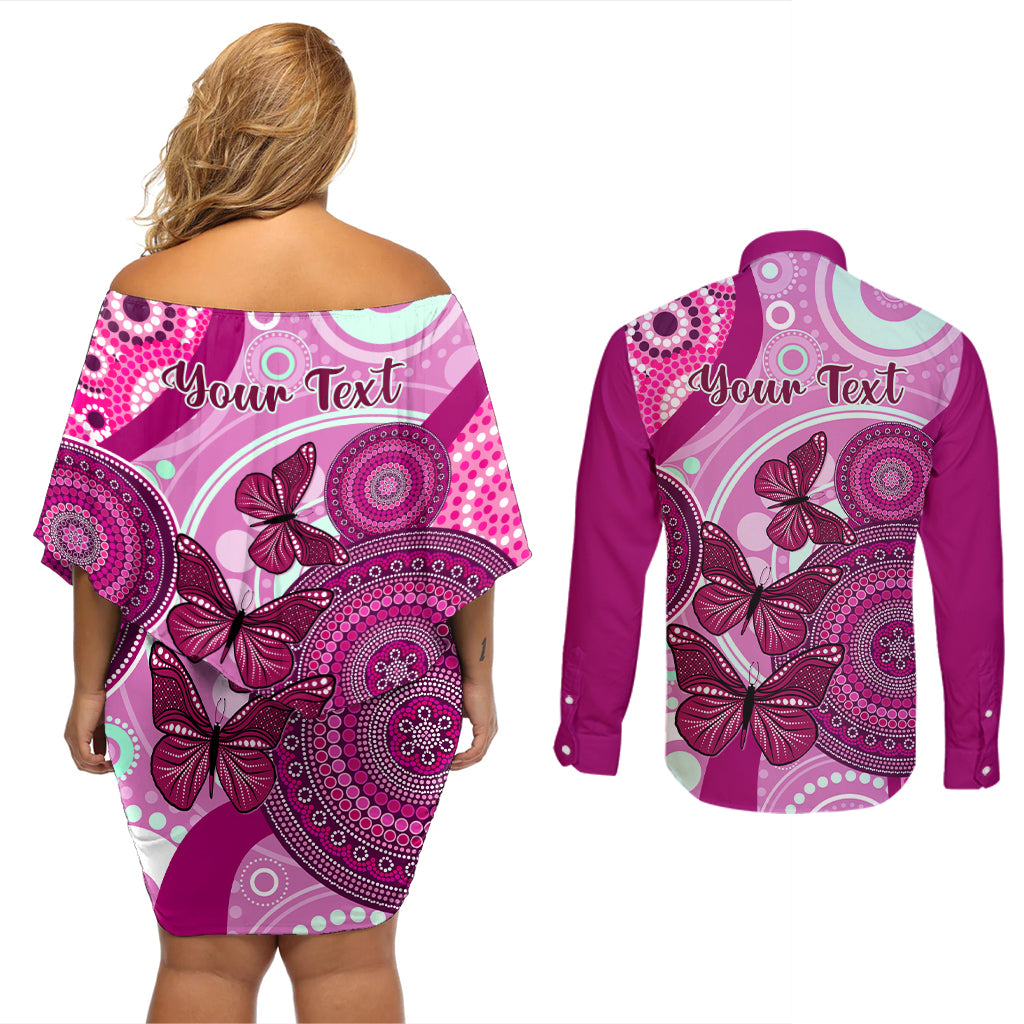 personalised-australia-breast-cancer-couples-matching-off-shoulder-short-dress-and-long-sleeve-button-shirts-indigenous-butterfly-no-one-fights-alone