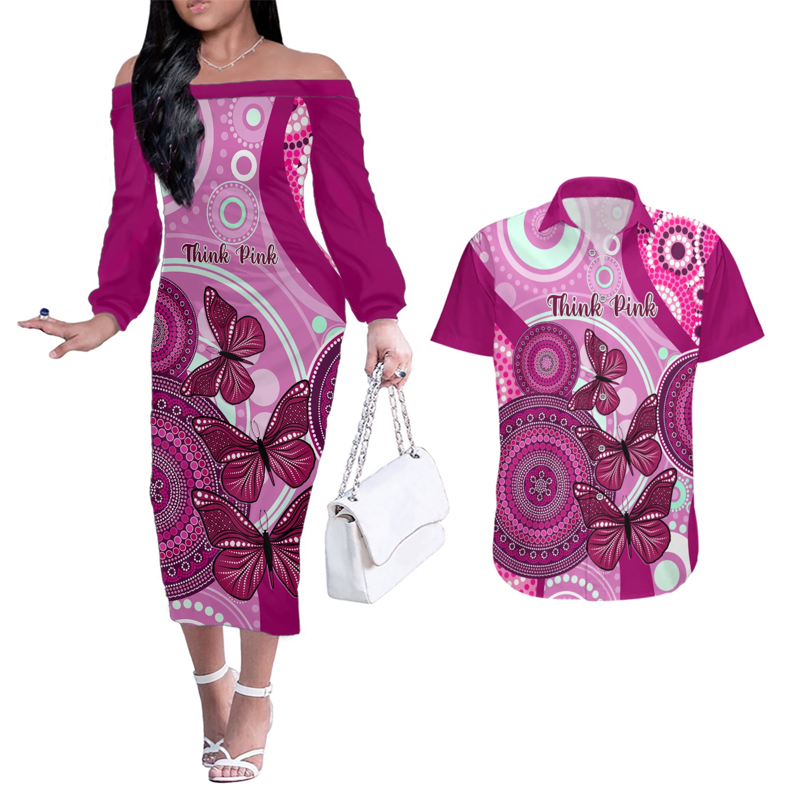 personalised-australia-breast-cancer-couples-matching-off-the-shoulder-long-sleeve-dress-and-hawaiian-shirt-indigenous-butterfly-no-one-fights-alone