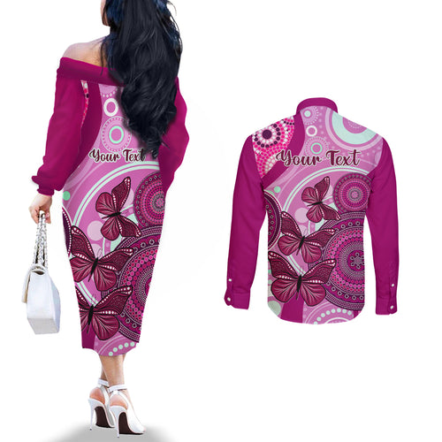 personalised-australia-breast-cancer-couples-matching-off-the-shoulder-long-sleeve-dress-and-long-sleeve-button-shirts-indigenous-butterfly-no-one-fights-alone