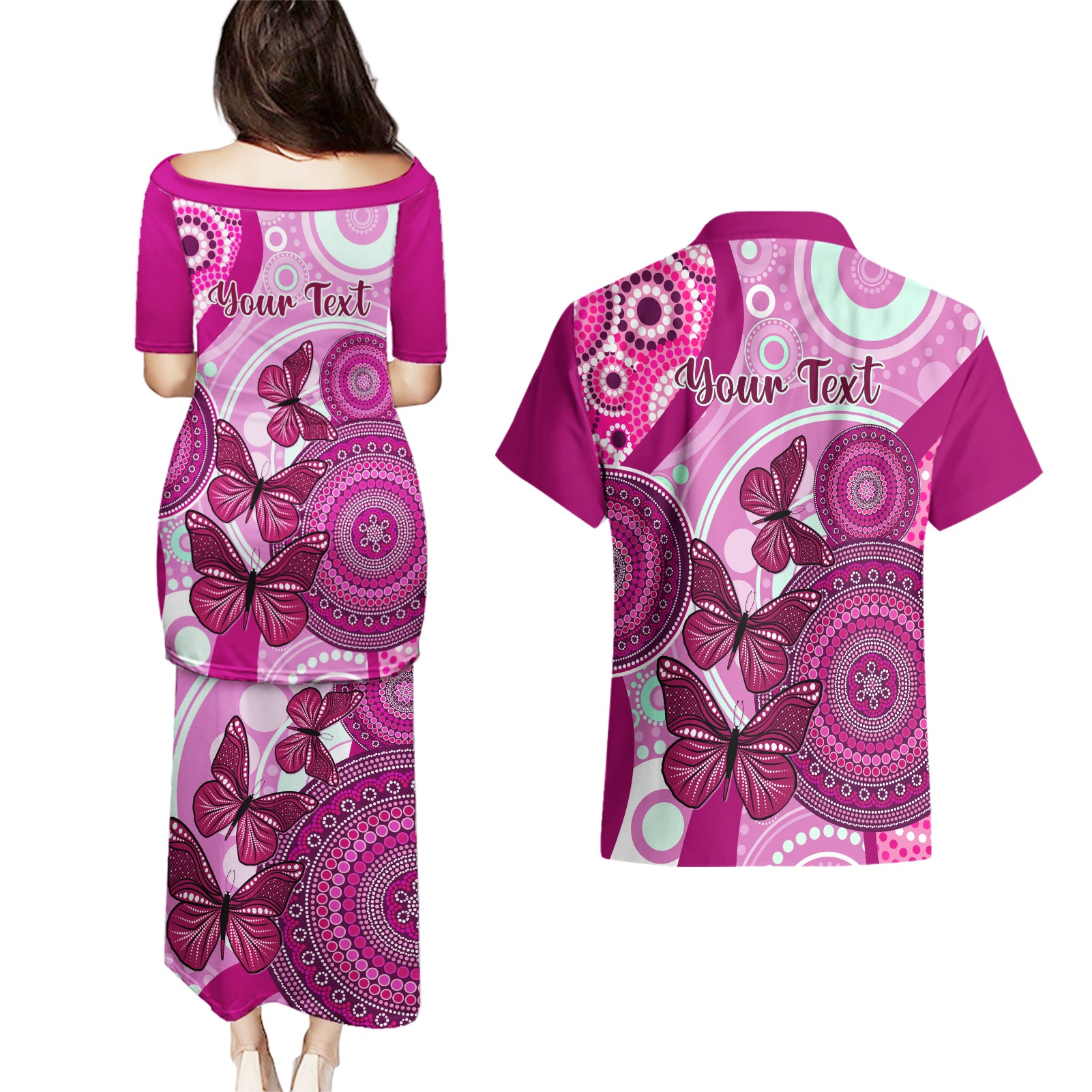 personalised-australia-breast-cancer-couples-matching-puletasi-dress-and-hawaiian-shirt-indigenous-butterfly-no-one-fights-alone