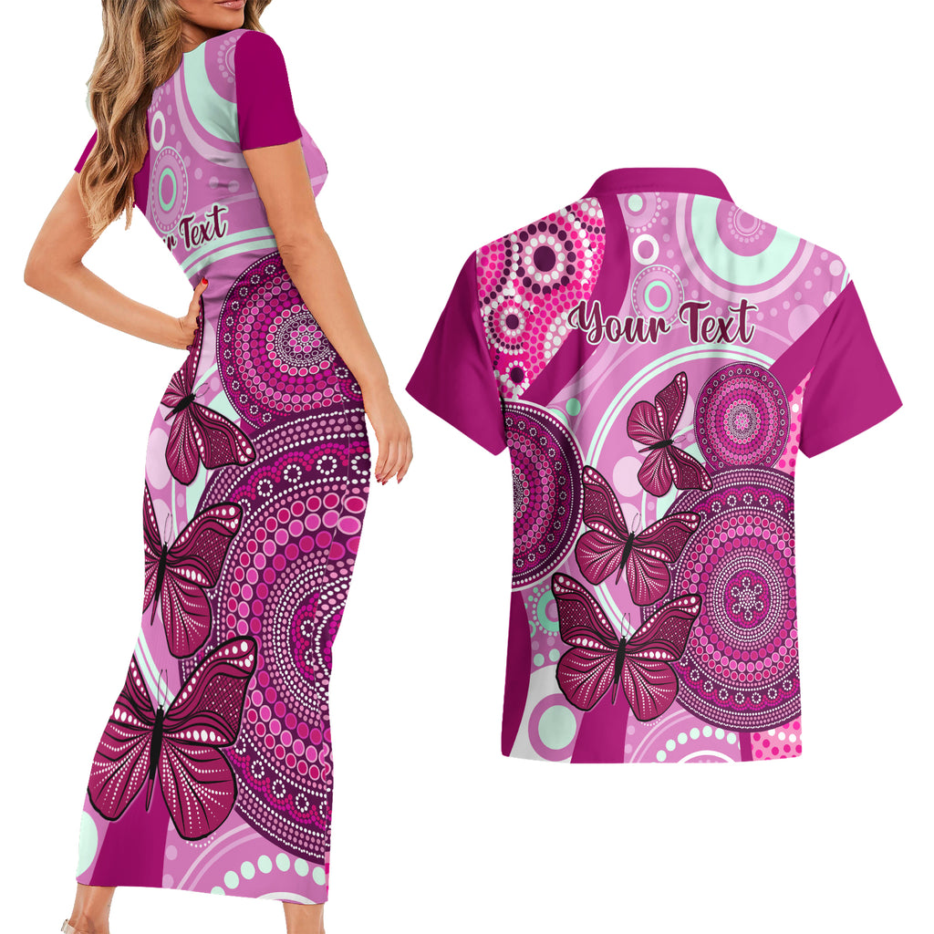 personalised-australia-breast-cancer-couples-matching-short-sleeve-bodycon-dress-and-hawaiian-shirt-indigenous-butterfly-no-one-fights-alone