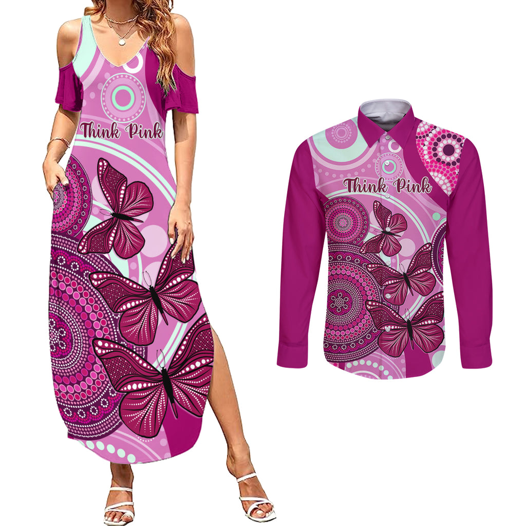 personalised-australia-breast-cancer-couples-matching-summer-maxi-dress-and-long-sleeve-button-shirts-indigenous-butterfly-no-one-fights-alone