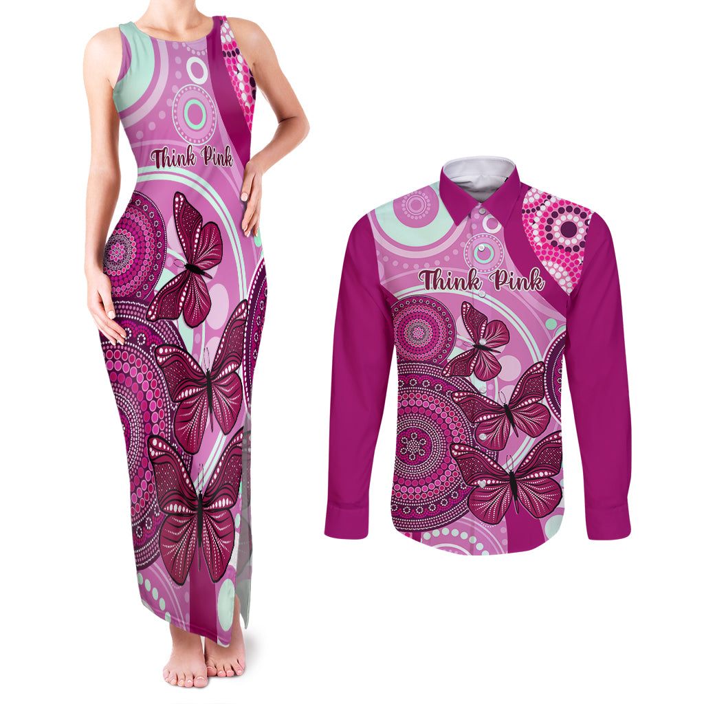 personalised-australia-breast-cancer-couples-matching-tank-maxi-dress-and-long-sleeve-button-shirts-indigenous-butterfly-no-one-fights-alone