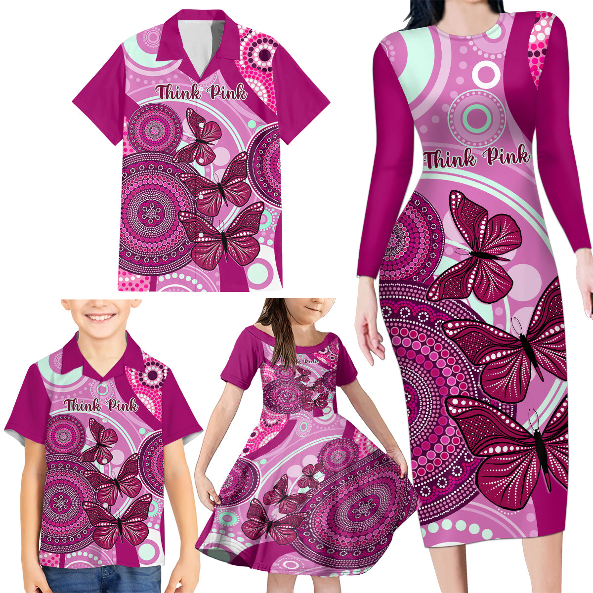 personalised-australia-breast-cancer-family-matching-long-sleeve-bodycon-dress-and-hawaiian-shirt-indigenous-butterfly-no-one-fights-alone