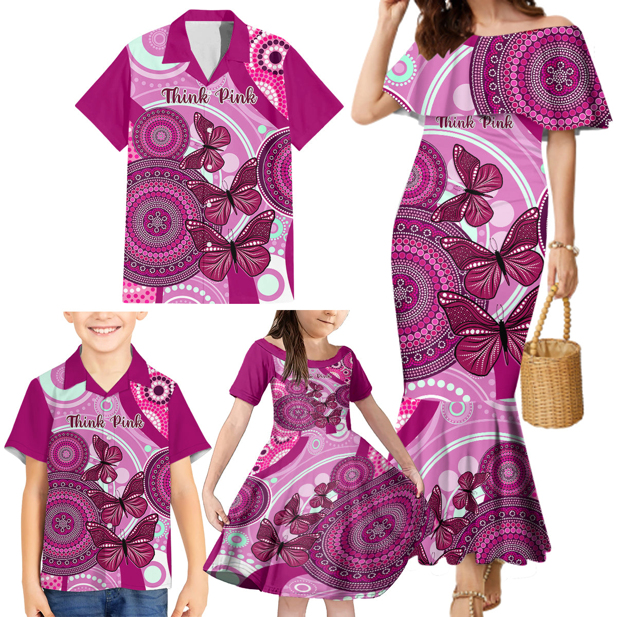 personalised-australia-breast-cancer-family-matching-mermaid-dress-and-hawaiian-shirt-indigenous-butterfly-no-one-fights-alone