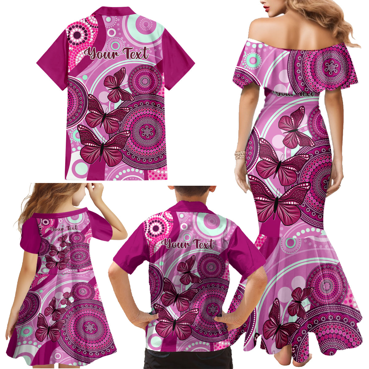 personalised-australia-breast-cancer-family-matching-mermaid-dress-and-hawaiian-shirt-indigenous-butterfly-no-one-fights-alone