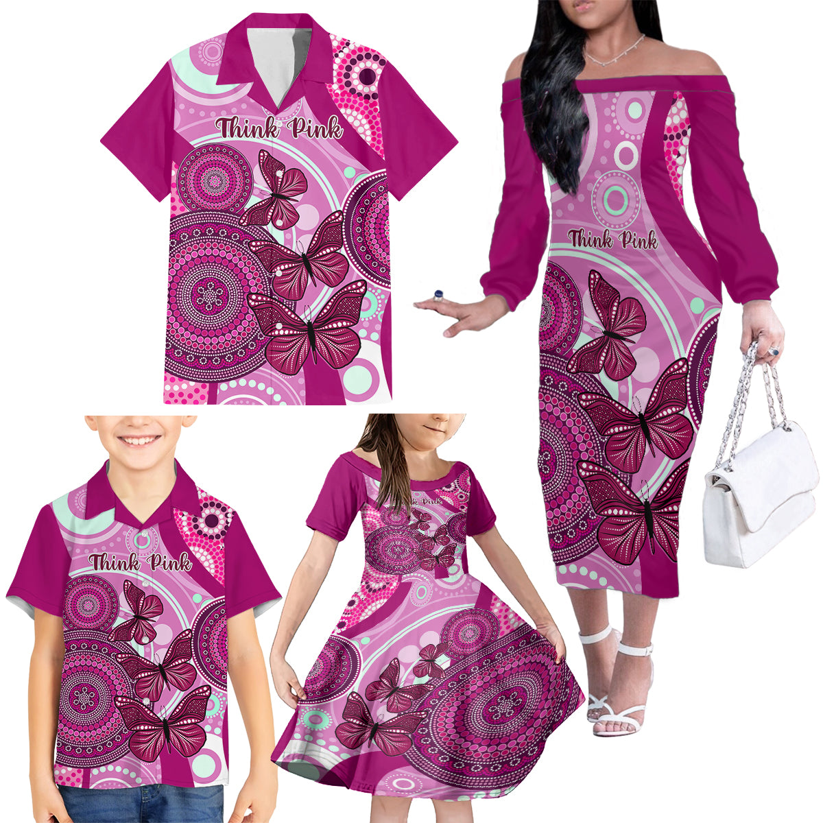 personalised-australia-breast-cancer-family-matching-off-shoulder-long-sleeve-dress-and-hawaiian-shirt-indigenous-butterfly-no-one-fights-alone